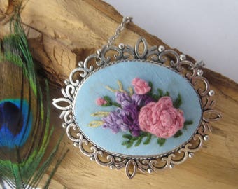 Long necklace and pendant chain Embroidered pendant Wildflower necklace Large oval pendant Unique jewelry women Birthday gift to mom