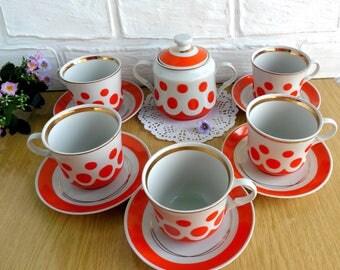 Vintage soviet polka dot coffee tea set for 5 persons Soviet porcelain Russian houseware Kitchen decor Vintage kitchen Tableware Tea service