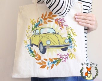 Vintage Yellow Car Tote Bag, Floral Car Tote, Bridesmaid Car Tote, Watercolor Floral Tote, Travel tote bag, Canvas Tote, TB-057