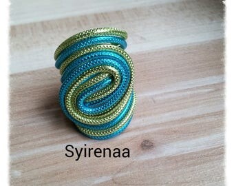 Apple green and turquoise color ribbed aluminum wire ring