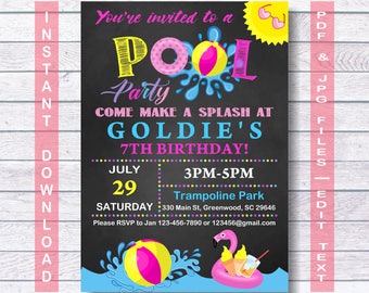 Pool Party Invitation, Pool Invitation, Pool Birthday Invitation, Pool Birthday, swimming party, summer party, Girl, sun, Flamingo, Pool