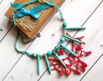 Aqua Red Necklace Natural Howlite Coral necklace Stone women gift Elegant gemstone necklace Beadwork Stone jewelry Evening jewelry For her