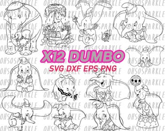 dumbo svg, clipart, eps, dxf, png, decal, stencil, vinyl, silhouette, vector, cute elephant, iron on, image, line art
