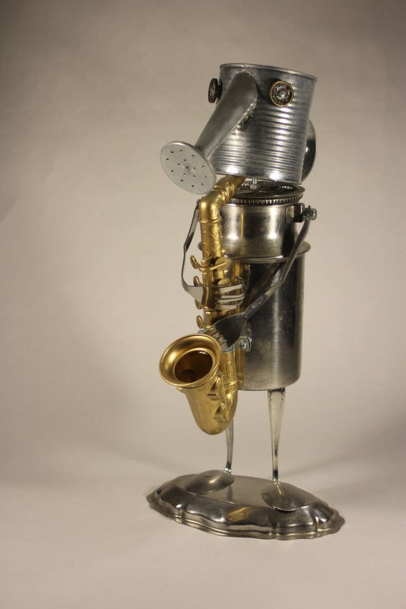 Bill the sax player,recycled art,upcycled sculpture,junk art by IgalUpcycledCreation steampunk buy now online