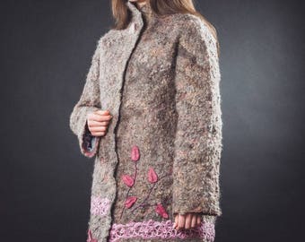 Felted coat Awakening spring from merino wool size M