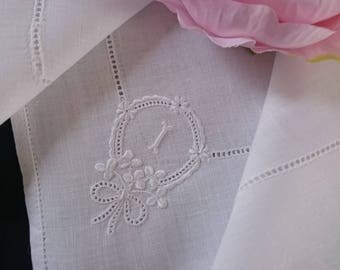 Beautiful Vintage Irish linen monogram "I" hand embroidered hankie handkerchief Shamrocks wedding bridal