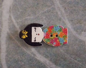 Button wood kokeshi doll Asian Japanese flower two holes for scrapbooking sewing 30mm