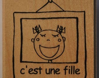 Rubber stamp mounted on wood - baby - it's a girl
