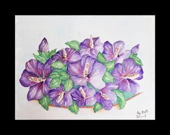 Watercolor and a bouquet of purple ibiscus