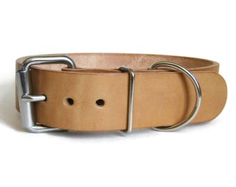 Natural Leather Dog Collar 1.5" Wide Nude Leather / No Dye Heavy Duty Full Grain Leather Collar for Large & X Large Dogs Handmade in USA