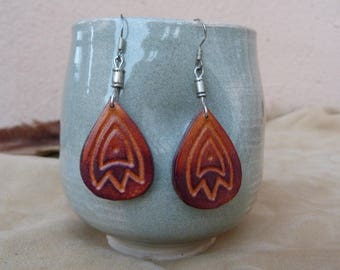 "Fancy" orange brown tooled leather earrings