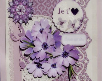 Greeting card "Rest!" and I love you offered with a bouquet of purple flowers