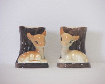 Vintage 1960s Hornsea Fauna Pair of Small Brown Fawn and Tree Vases