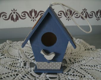 small decorative birdhouse blue and linen