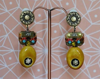 Raku beads and tassel clip earrings