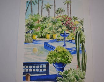 Morocco watercolor "Jardin de Majorelle: basin" painting Opal Isis on Etsy