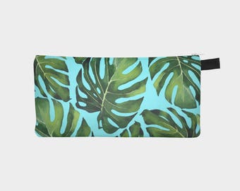 Tropical Leaves Pencil Case Emerald Leaves Cosmetic Bag