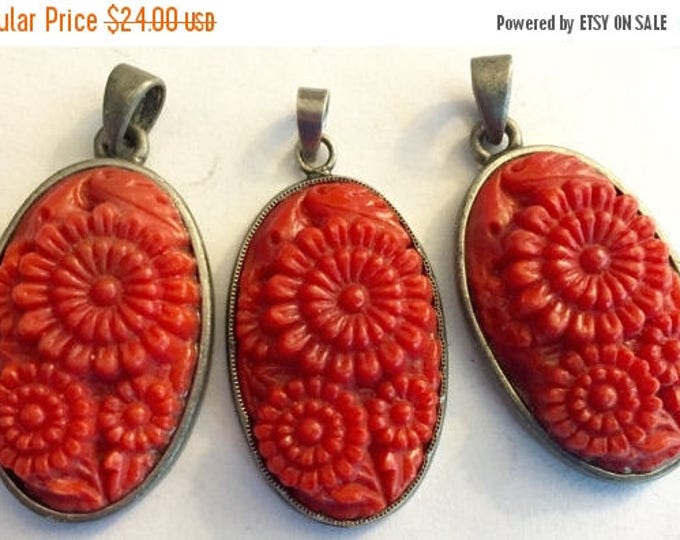 SALE 30% off Rare Antique pendant red glass silver setting Czech etched floral carved oval shape focal statement(1)