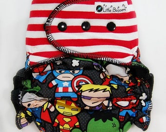 Custom Cloth Diaper or Cover - Combo Print Stripes and Superheroes (Knit) - Kawaii Diaper Nappy or Wrap - AI2, Hybrid, Fitted, Cover