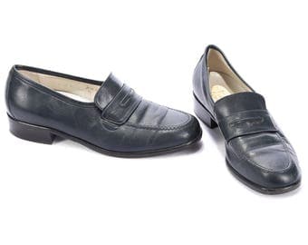 size 6.5 US Women Leather Loafers Shoes 80s Slip On Navy Blue Moccasins Retro Penny Loafers Shoes Germany Size Us women 6.5, Eur 37, Uk 4