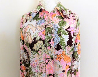 Vintage Floral 70's Blouse Disco Shirt Polyester