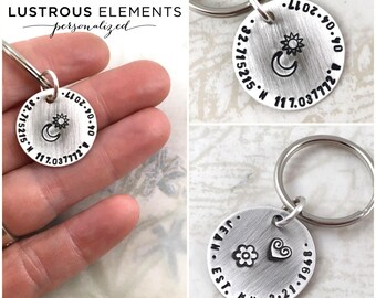 Personalized keychain or custom necklace, anniversary gift, dand and latitude & longitude necklace, custom hand stamped, husband gift