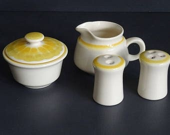 Franciscan Sundance Sugar Creamer Salt Pepper Set 5 Pieces Yellow/Orange Spiral Sun Design