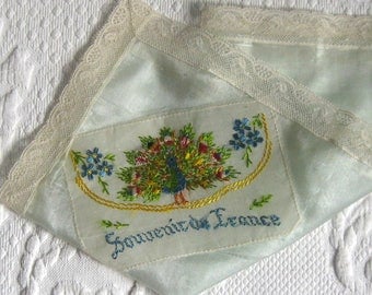 French silk hankie . embroidered silk hankie . souvenir de France . French souvenir hankie . silkhankie
