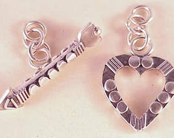 Bali Silver Heart and Arrow Toggle Clasp Sterling Silver B690 (1) Bali Silver Clasp, Heart Clasp, Fancy Toggle Clasp, Sterling Silver Clasp