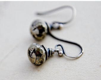 Pyrite Earrings, Drop Earrings, Wire Wrapped, Dangle Earrings, Fools Gold, Sterling Silver, Antiqued, Metallic Earrings, PoleStar