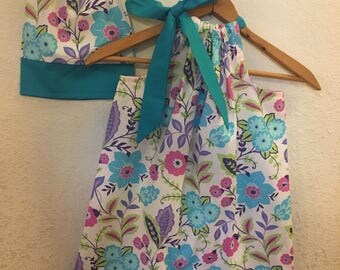 matching dresses Dolly and me turquoise floral Pillowcase dress size 12 months 2t,3t,4t,5t,6.7.8.9,10.12,14