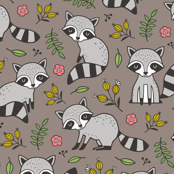 Raccoon Fabric Raccoon With Leaves Flowers Warm Grey Brown