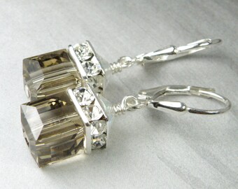 Smoky Quartz Earrings, Cube Swarovski Crystal, Drop Earrings, Fall Wedding Jewelry, Gray Bridesmaids Earrings, Autumn Neutral Gift, Handmade