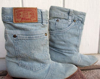 Vintage Fierra Joots Stonewashed Denim Bluejean Slouch Ankle Boots with Jeans Pockets Size 7 8