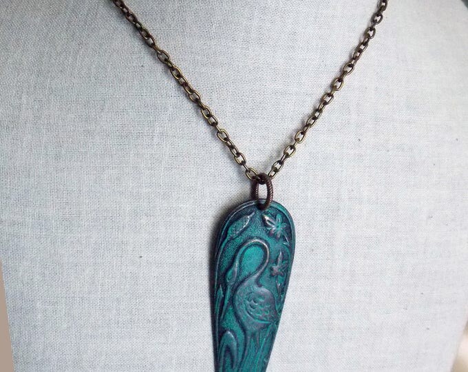 Patina Heron Turquoise Brass Bird Pendant Necklace Rustic Woodland Bird Jewelry Nature Jewelry Patina Brass Necklace