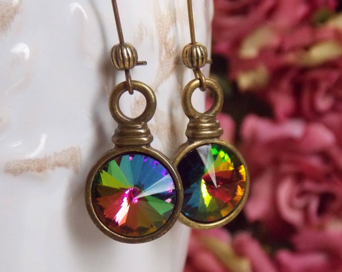 Rainbow Swarovski Crystal Rivoli Long Earrings Vintage Style Green Blue Yellow Crystal Brass Dangle Gift