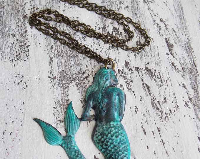 Brass Mermaid Patina Necklace Blue Green Ocean Nautical Seaman Beachy Verdigris Patina Blue Jewelry Gift