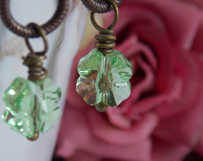 Shamrock Earrings Swarovski Clover Crystal Earrings Lucky Jewelry Irish St Patricks Day Green Shamrock Boho Long Dangle Brass Earrings