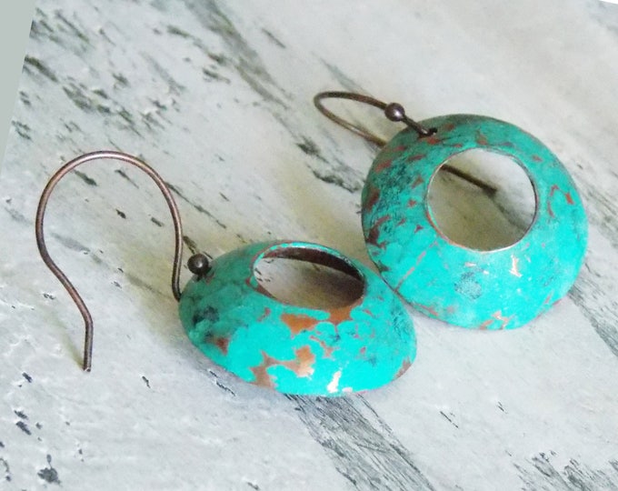 Copper Disk Earrings Patina Blue Distressed Bohemian Boho Minimalists Rustic Drop Circle Forged Earrings