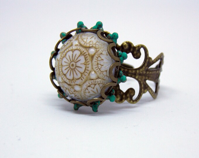 Ornate Etched Ring Vintage Ivory Cream Gold Lucite Cabochon Patina Brass Adjustable Ring Gift Jewelry