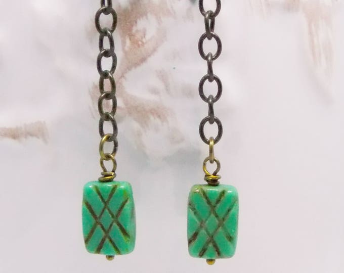 Green Czech Glass Earrings Retro Dangle Earrings Aqua Green Etched Glass Geometric Long Mod Earrings