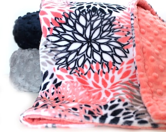 Personalized Baby Blanket For Girl / Minky Baby Blanket, Navy Flower Baby Blanket - Nursery Decor / Coral Baby Blanket / Name Blanket
