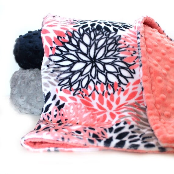Personalized Baby Blanket For Girl / Minky Baby Blanket, Navy Flower Baby Blanket - Nursery Decor / Coral Baby Blanket / Name Blanket