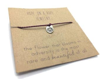 Lotus Bracelet - Sterling Silver Lotus Bracelet - Cord Bracelet - Lotus Charm- Yoga Bracelet - Simple Bracelet - Meaningful Bracelet - Rise