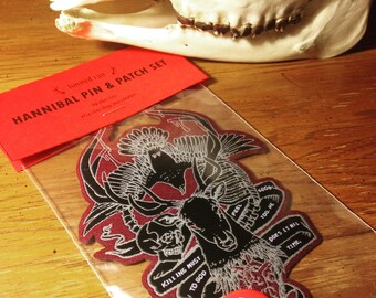Hannibal "killing must feel good to god too" embroidered patch & button set