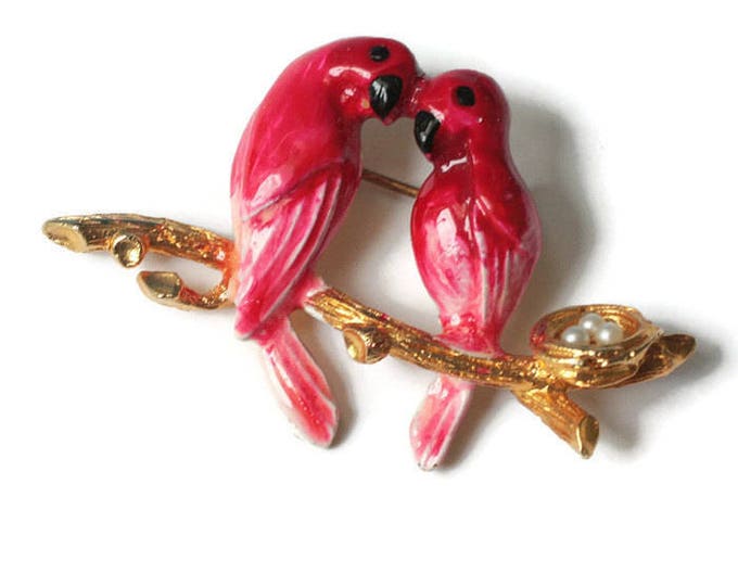 Red Enameled Lovebirds on Branch Brooch Nest with Faux Pearl Eggs Vintage