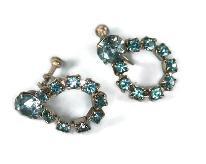 Turquoise Rhinestone Earrings Dangle Loop Screw Back Vintage