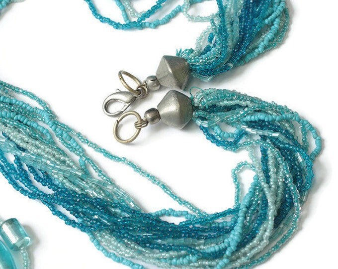 Aqua Turquoise Glass Beaded Necklace Multi Strand Runway Tassel Necklace Vintage