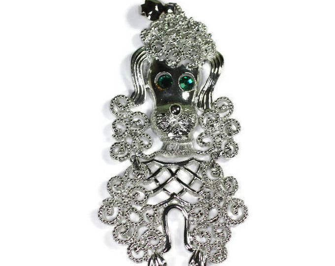 Silver Tone Poodle Pendant Necklace Signed Gold Crown 1960s 1970s Vintage