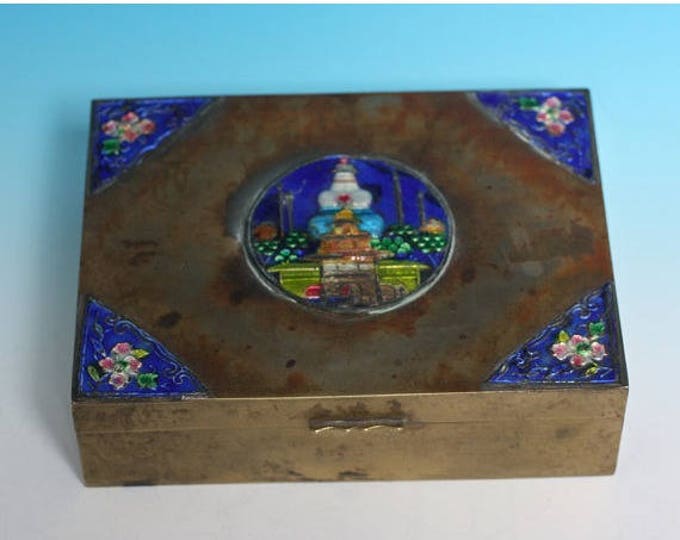 Chinese Cloisonne Enameled Brass Box Temple Cedar Wood Lining Humidor Vintage